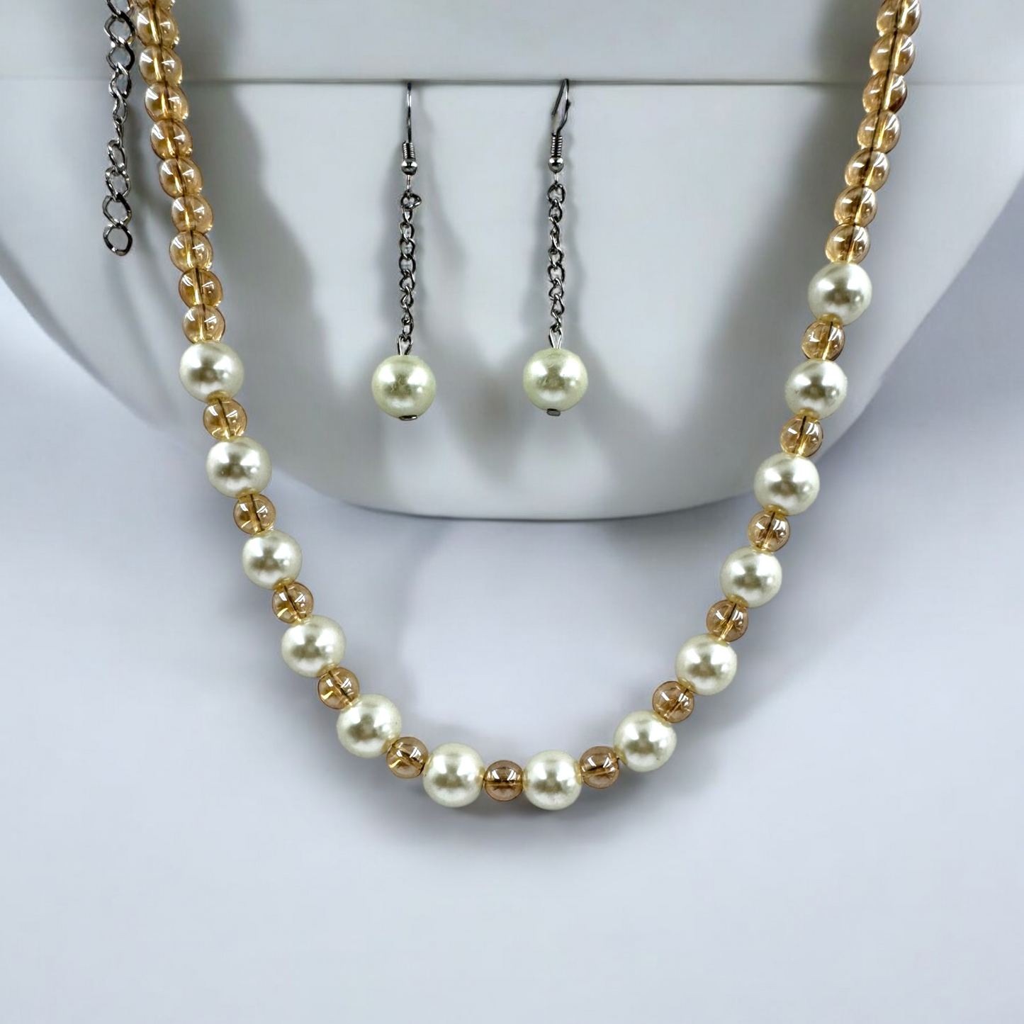 Classic Pearl and Crystal Bead Necklace Set with Matching Earrings by Fluxa Fashion