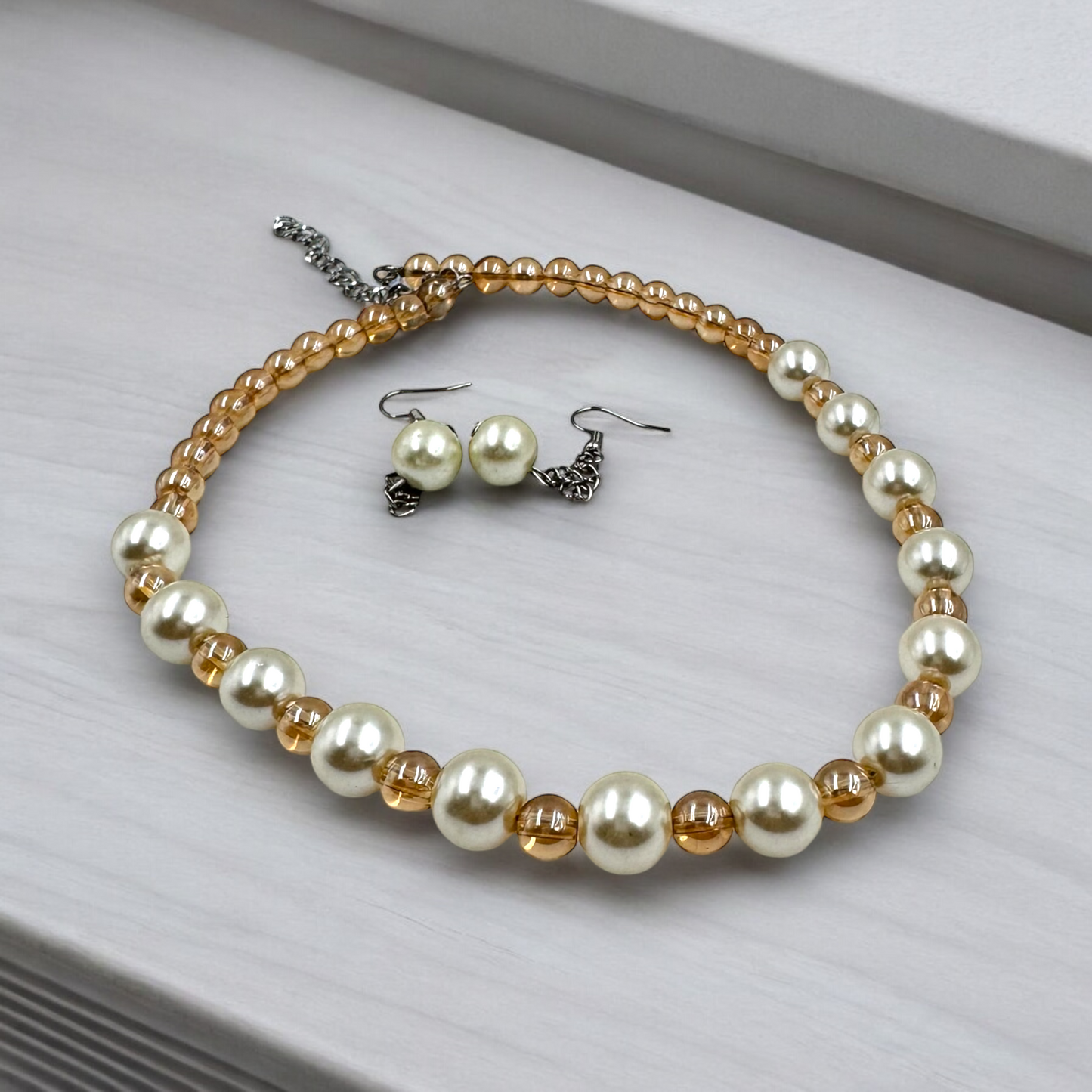 Classic Pearl and Crystal Bead Necklace Set with Matching Earrings by Fluxa Fashion