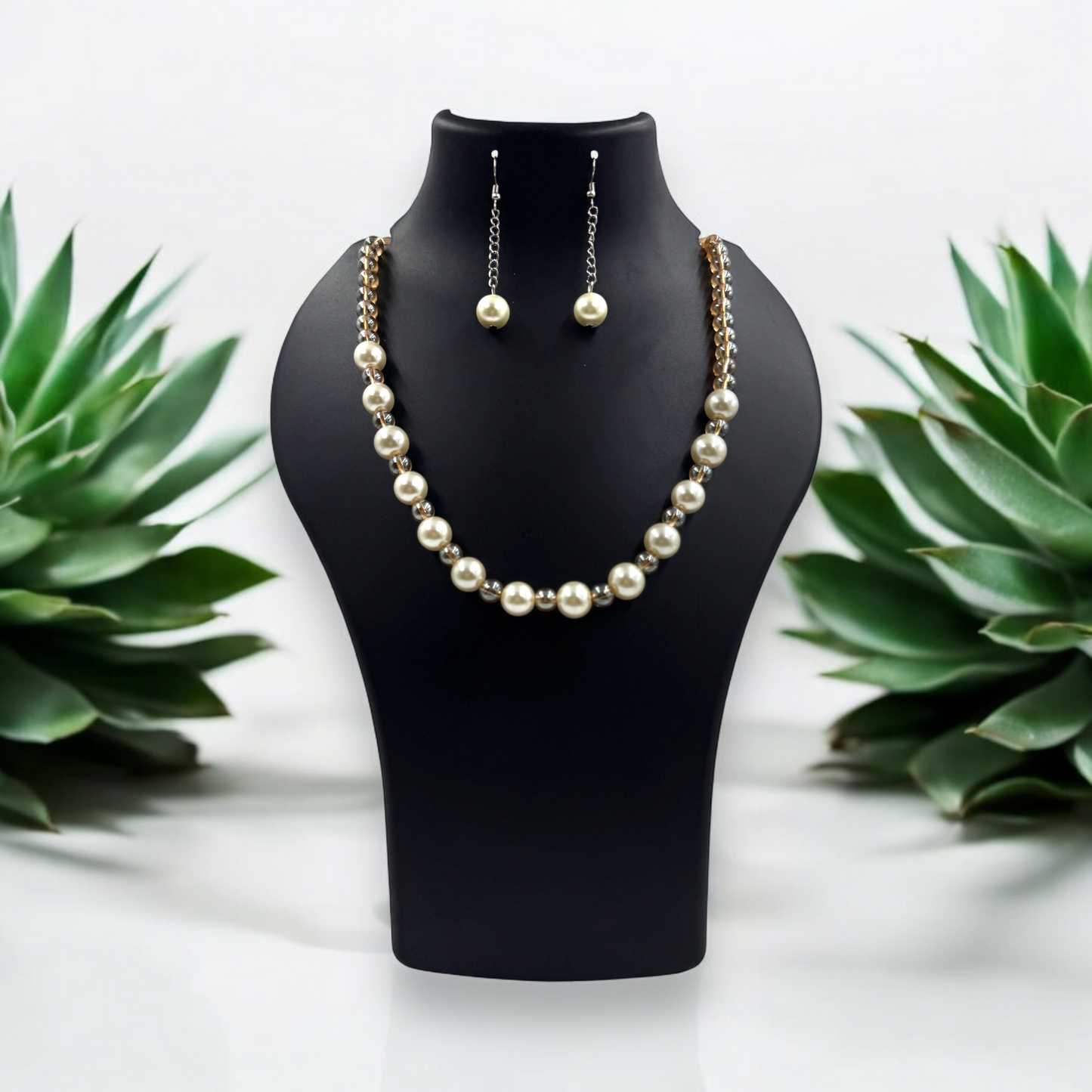 Classic Pearl and Crystal Bead Necklace Set with Matching Earrings by Fluxa Fashion