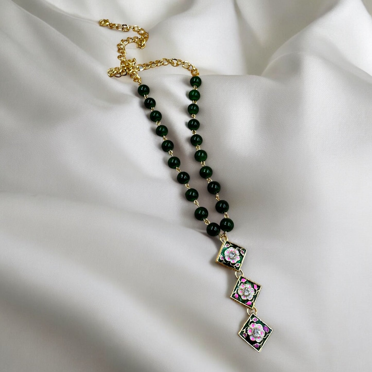 Elegant Pink Bead Necklace with Floral Patterned Meena Kundan Pendants by Fluxa Fashion