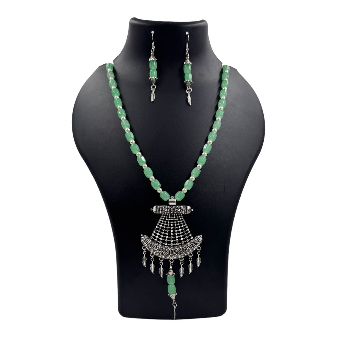 Silver Plated Oxidized Pendant with Beaded Necklace Set