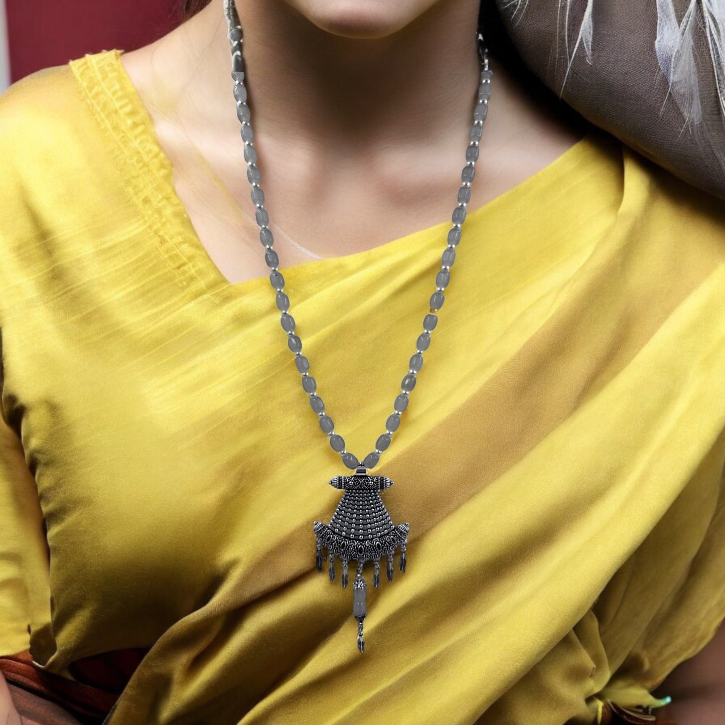 Silver Plated Oxidized Pendant with Beaded Necklace Set