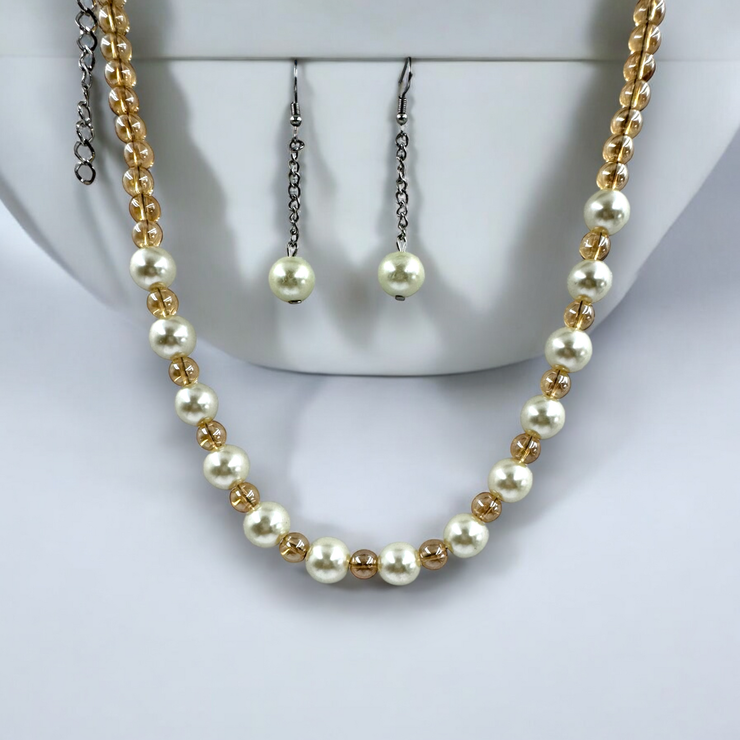 Classic Pearl and Crystal Bead Necklace Set with Matching  Earrings by Fluxa Fashion