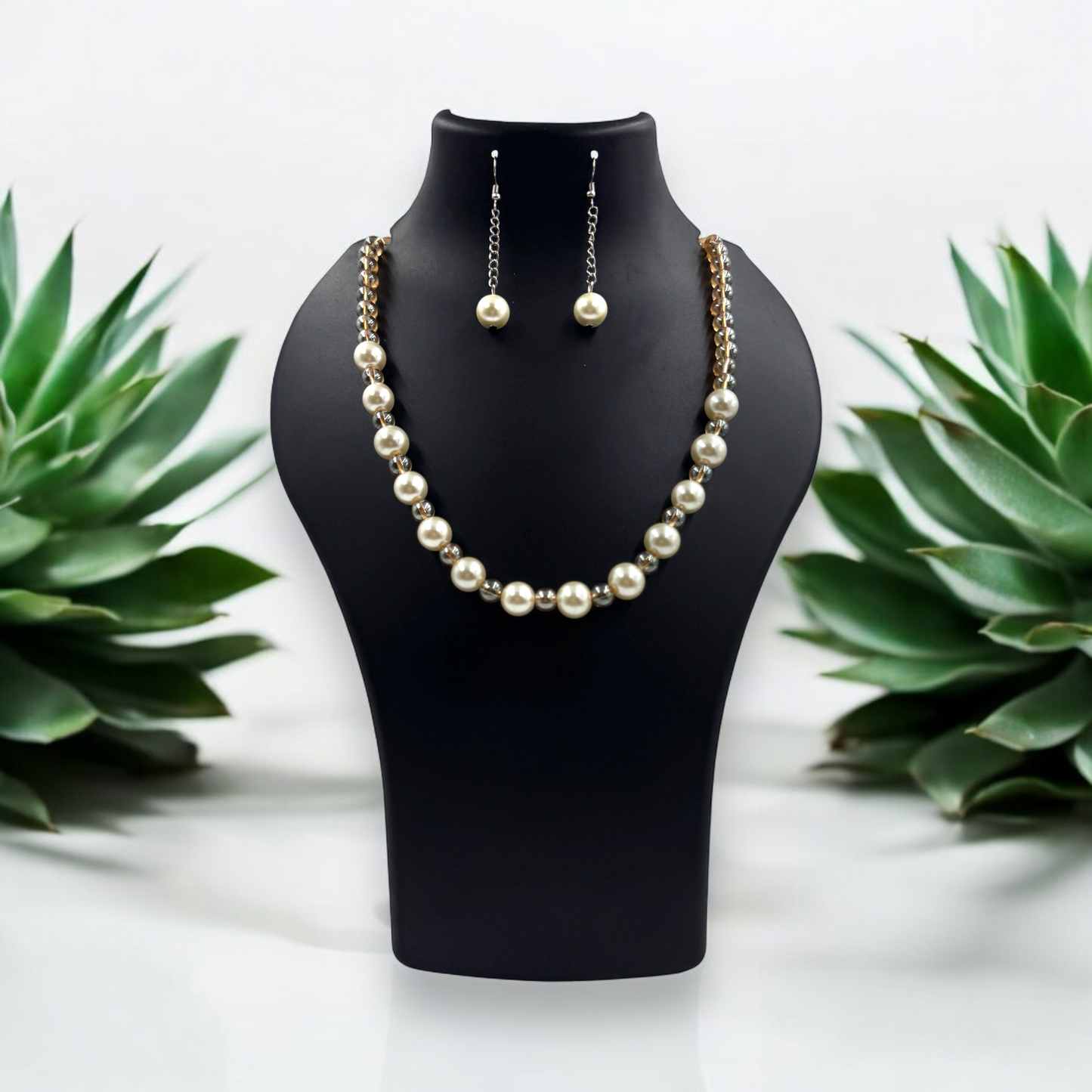 Classic Pearl and Crystal Bead Necklace Set with Matching  Earrings by Fluxa Fashion