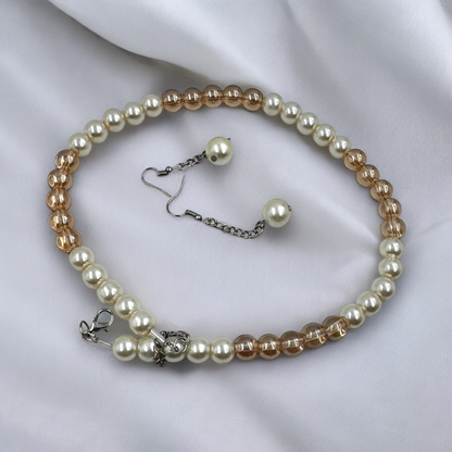 Classic Pearl and Crystal Bead Necklace Set with Matching Earrings by Fluxa Fashion