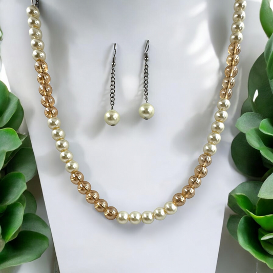 Classic Pearl and Crystal Bead Necklace Set with Matching Earrings by Fluxa Fashion