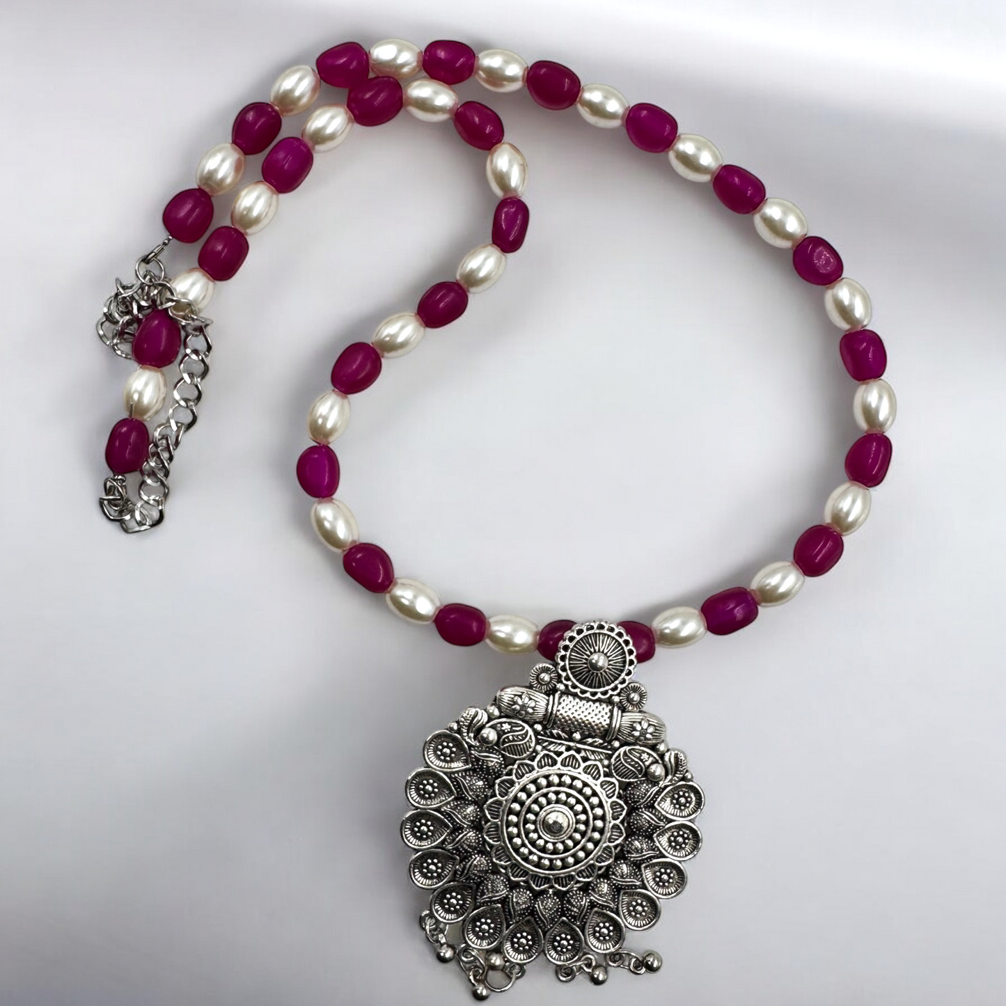 Festive Elegance: Red & White Bead Necklace Set with Statement Silver Pendant