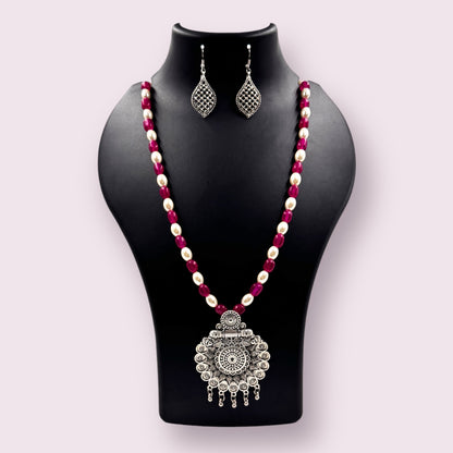 Festive Elegance: Red & White Bead Necklace Set with Statement Silver Pendant