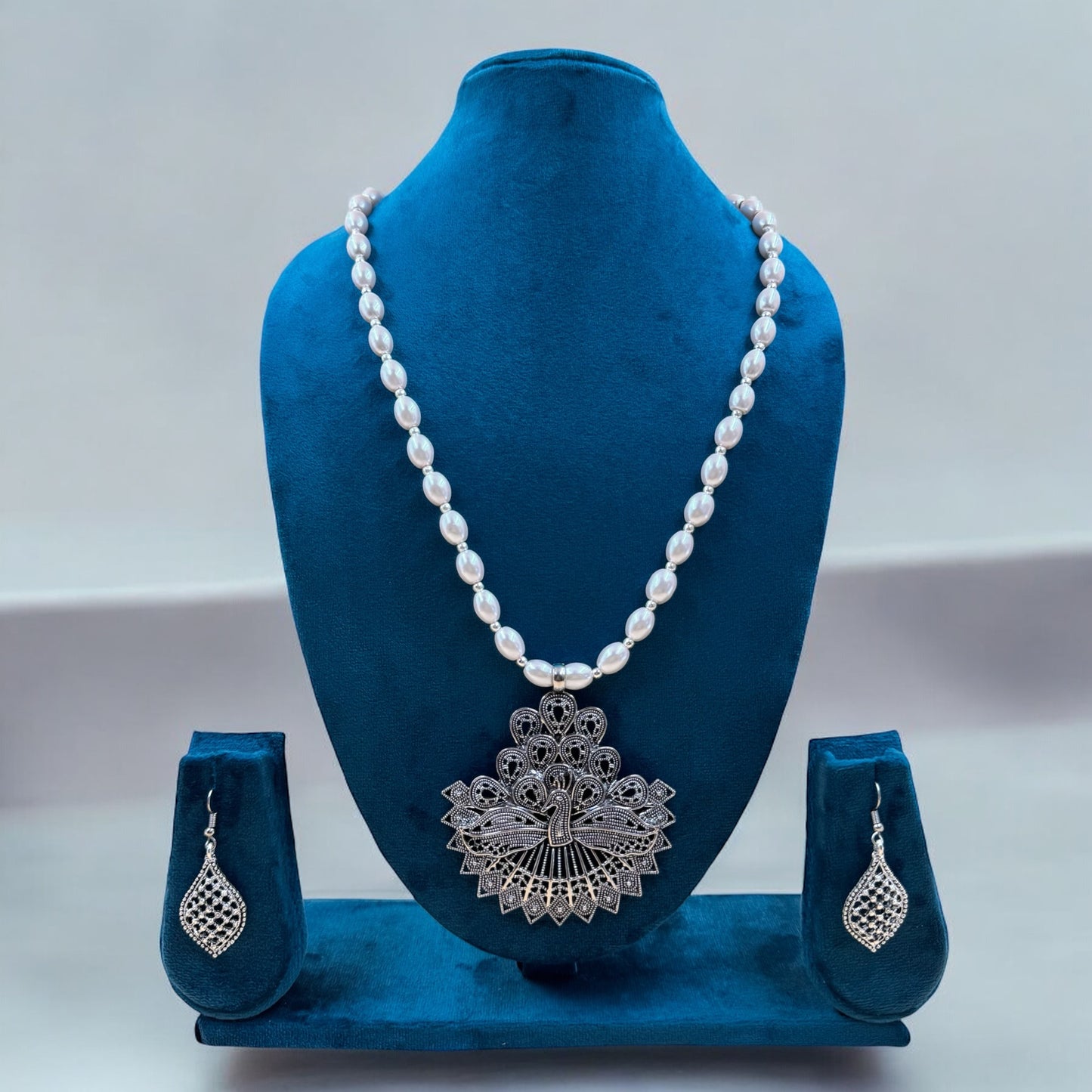 Classic Silver Peacock Pendant Necklace Set with Matching Earrings by Fluxa Fashion