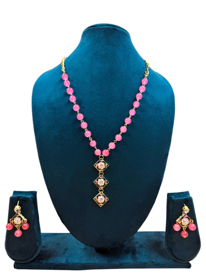 Elegant Pink Bead Necklace with Floral Patterned Meena Kundan Pendants by Fluxa Fashion