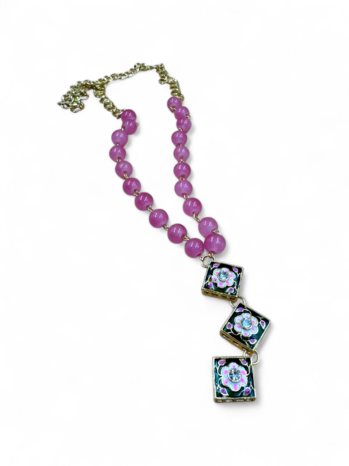 Elegant Pink Bead Necklace with Floral Patterned Meena Kundan Pendants by Fluxa Fashion