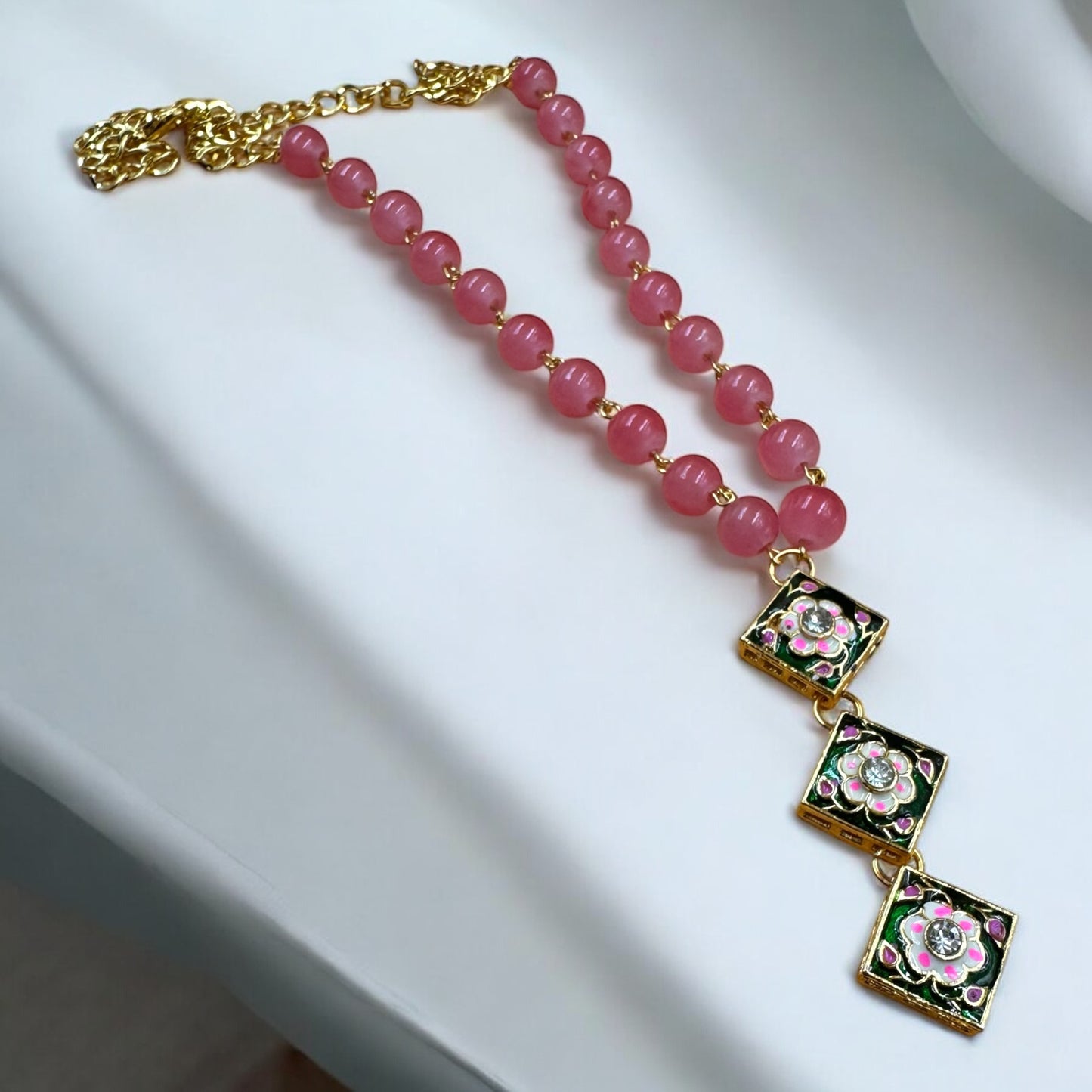 Elegant Pink Bead Necklace with Floral Patterned Meena Kundan Pendants by Fluxa Fashion