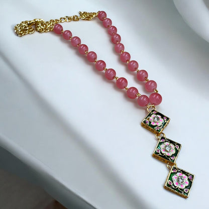 Elegant Pink Bead Necklace with Floral Patterned Meena Kundan Pendants by Fluxa Fashion