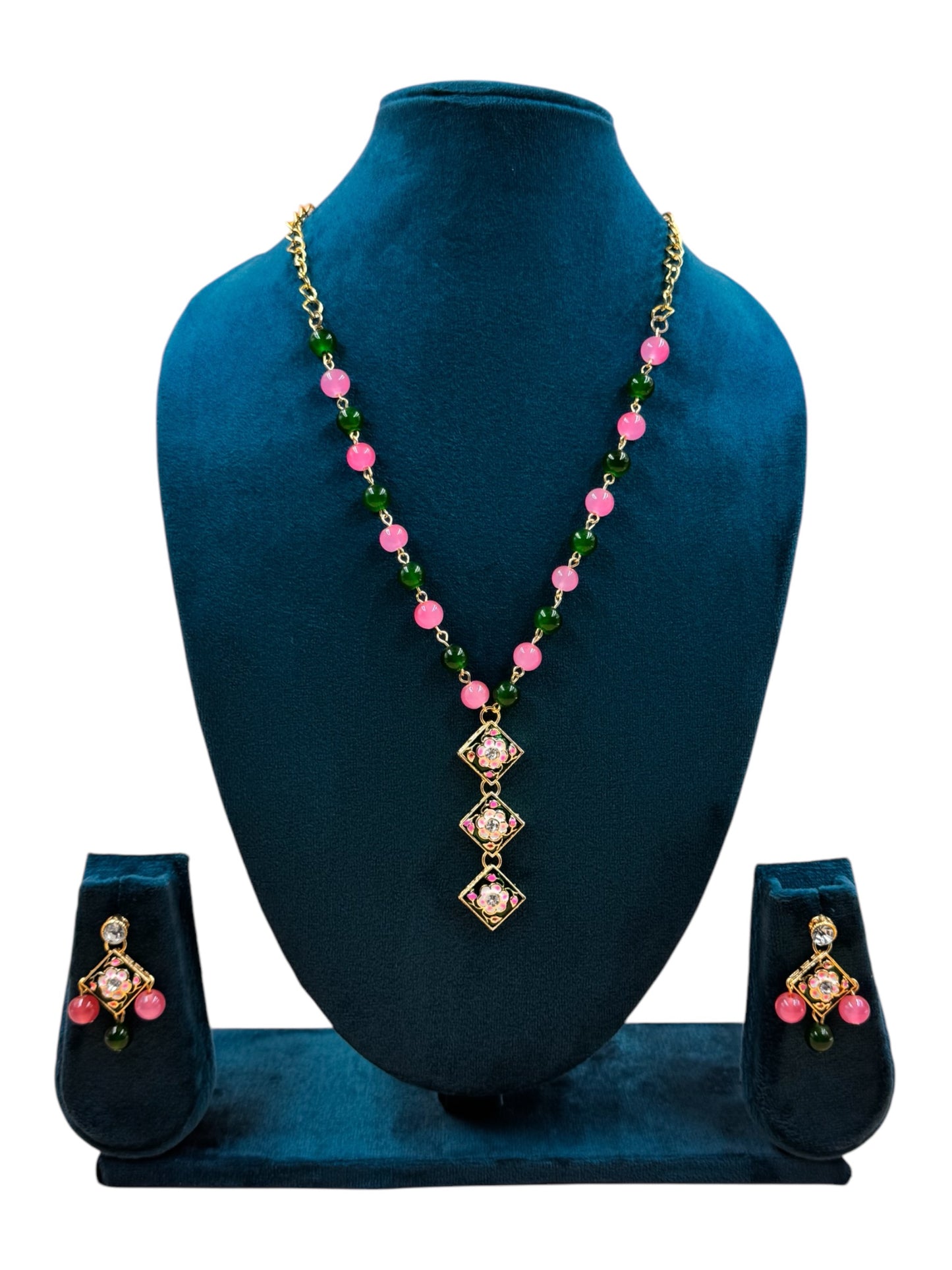 Elegant Pink Bead Necklace with Floral Patterned Meena Kundan Pendants by Fluxa Fashion