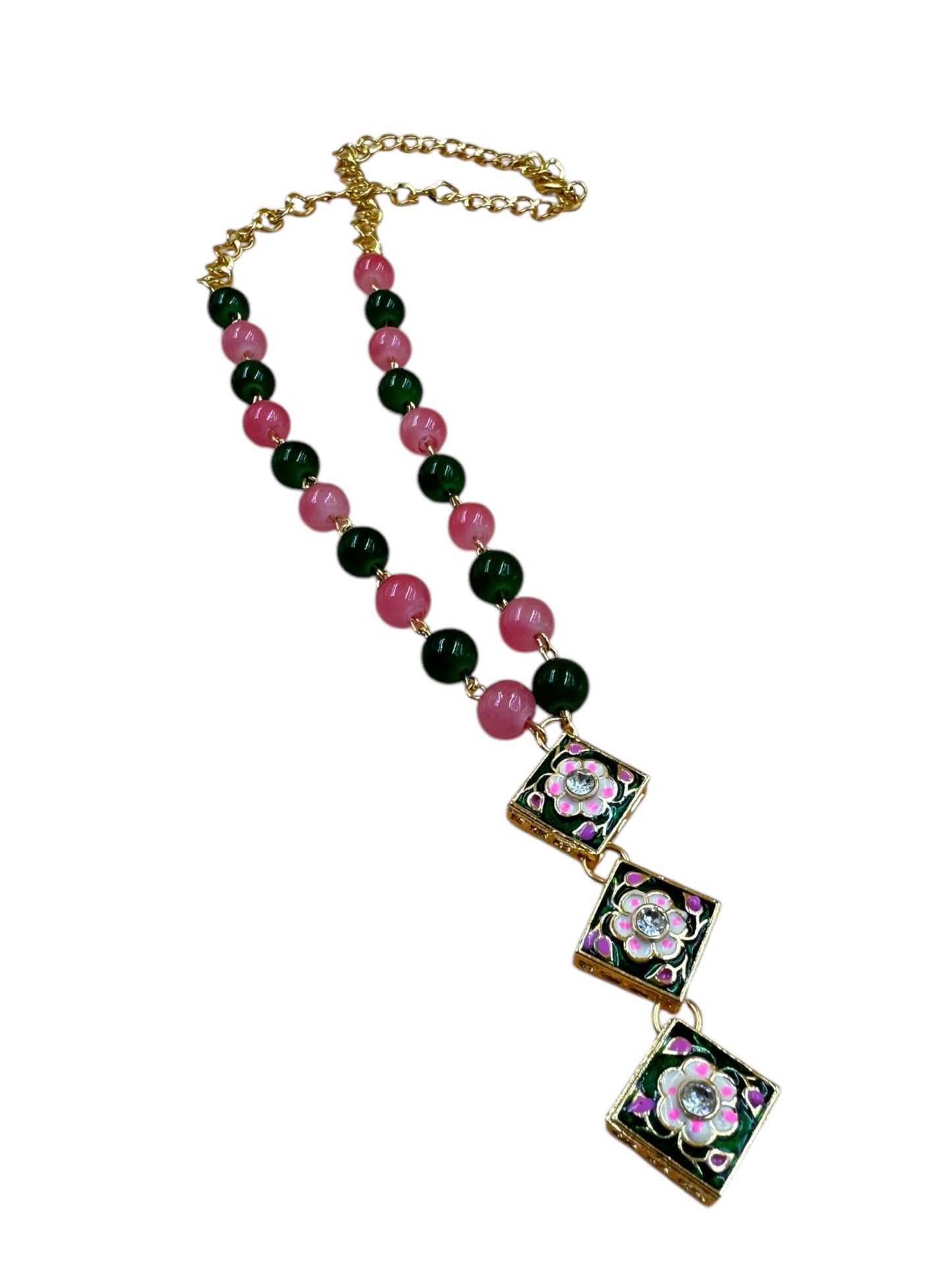 Elegant Pink Bead Necklace with Floral Patterned Meena Kundan Pendants by Fluxa Fashion