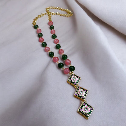 Elegant Pink Bead Necklace with Floral Patterned Meena Kundan Pendants by Fluxa Fashion