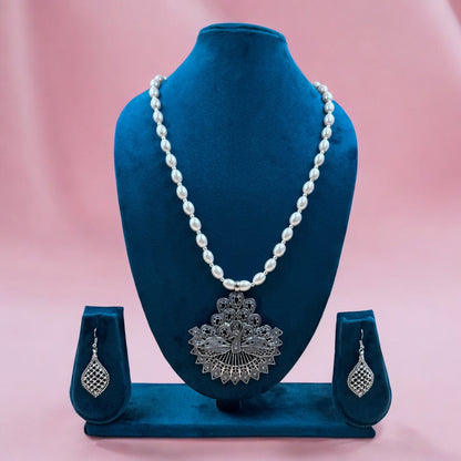 Classic Silver Peacock Pendant Necklace Set with Matching Earrings by Fluxa Fashion