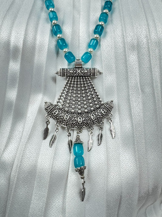 Silver Plated Oxidized Pendant with Beaded Necklace Set