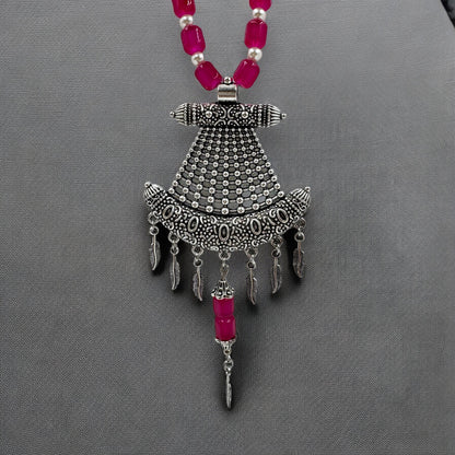 Silver Plated Oxidized Pendant with Beaded Necklace Set