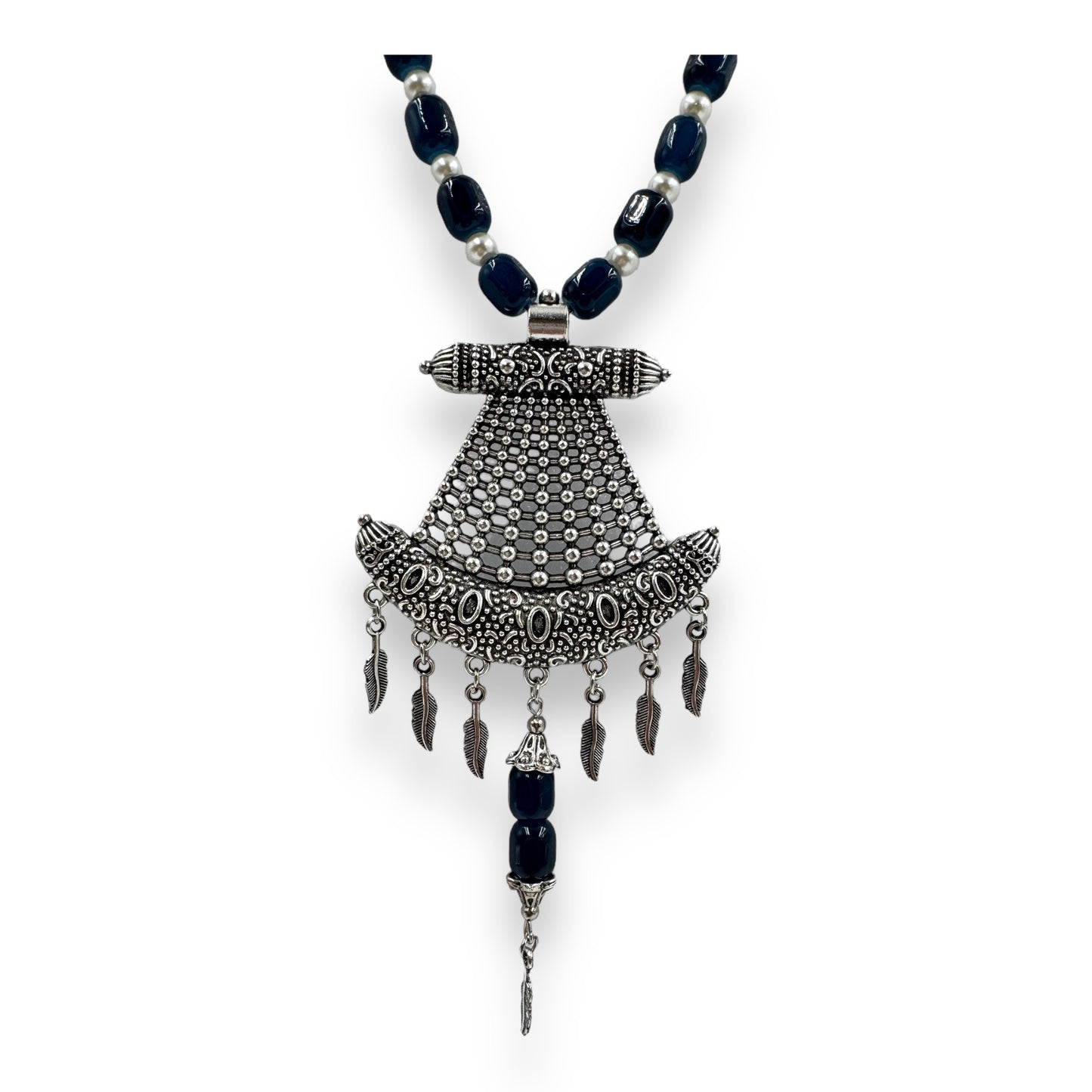 Silver Plated Oxidized Pendant with Beaded Necklace Set