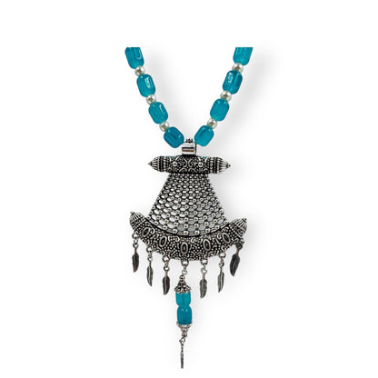 Silver Plated Oxidized Pendant with Beaded Necklace Set