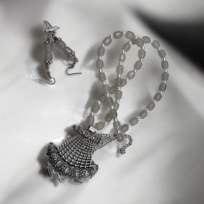 Silver Plated Oxidized Pendant with Beaded Necklace Set