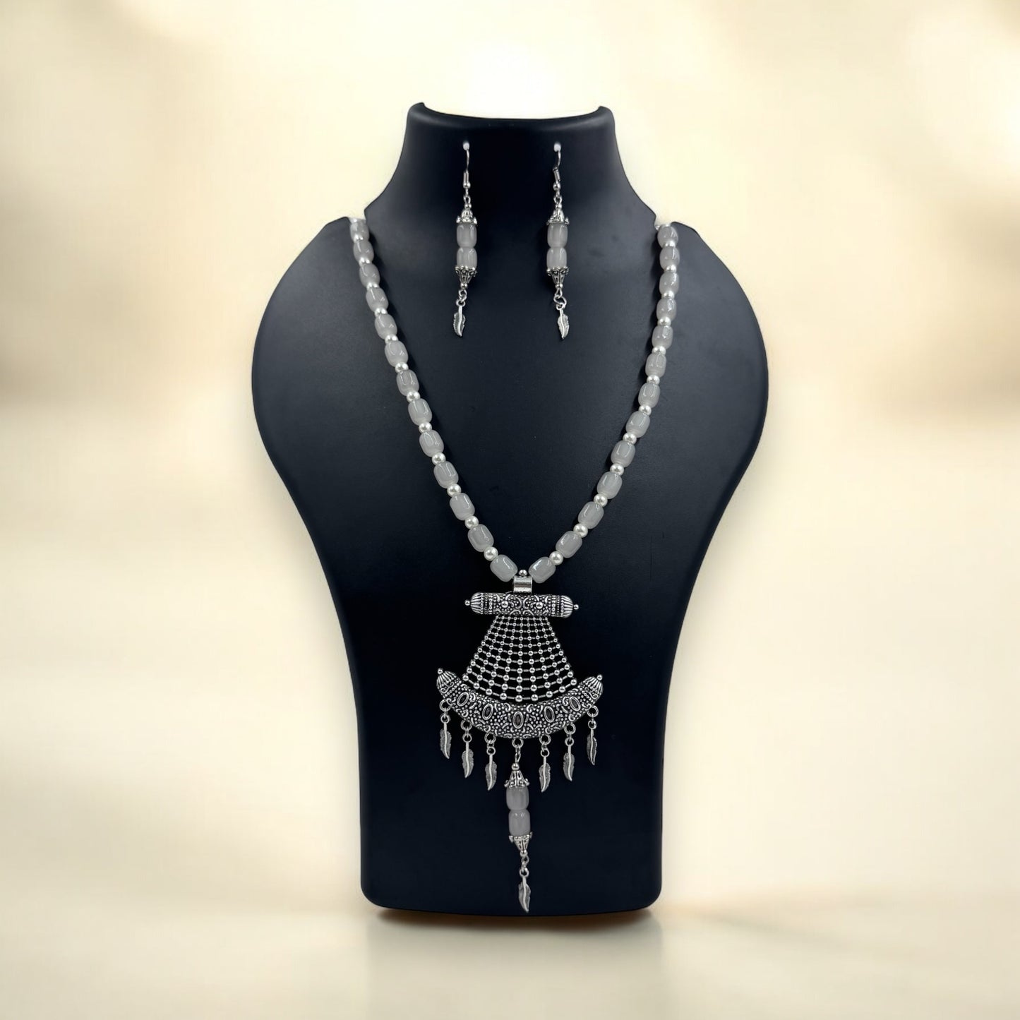 Silver Plated Oxidized Pendant with Beaded Necklace Set